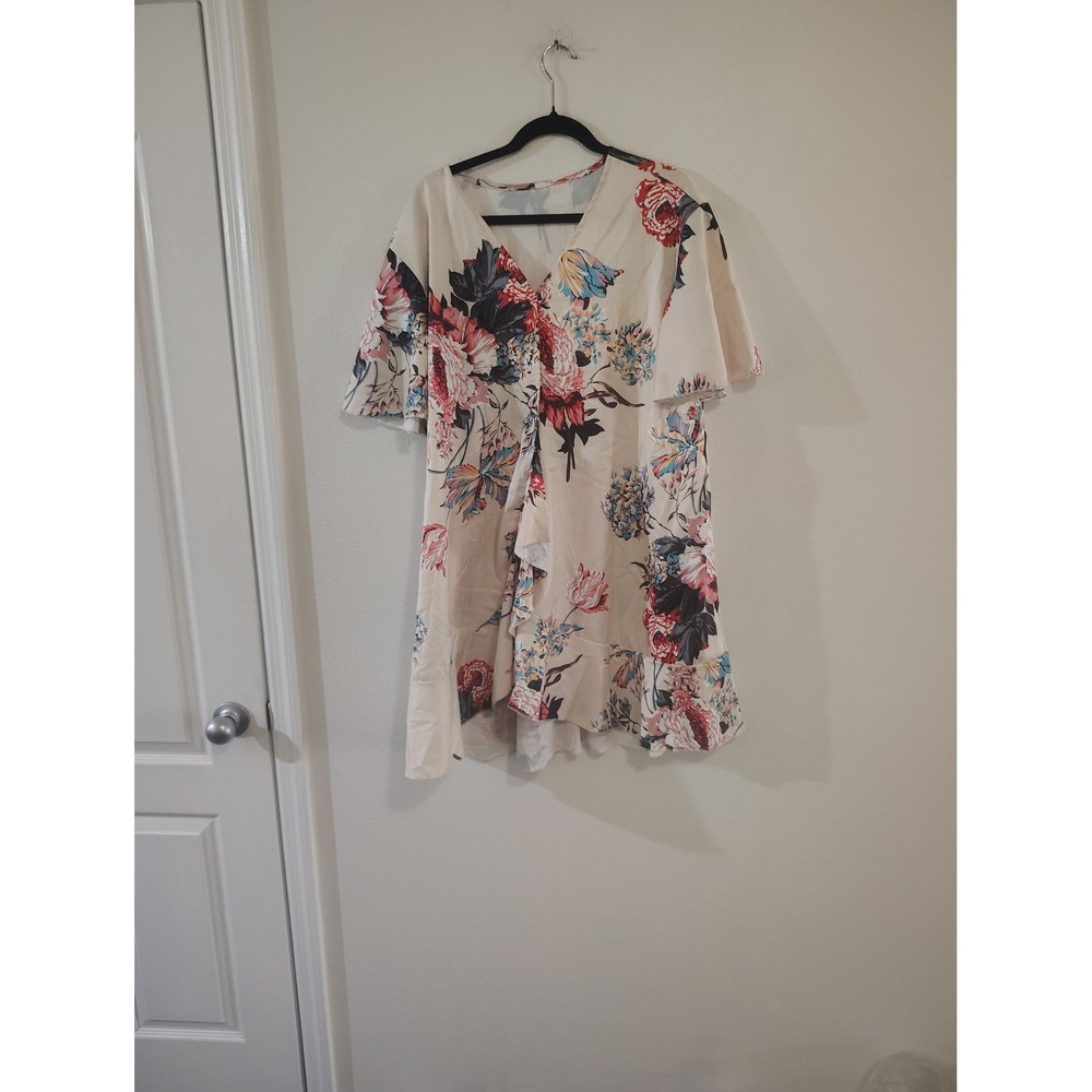 Womens Cream Floral V-Neck Ruffle High-Low‎ Mini Dress Flutter Sleeve Size Large